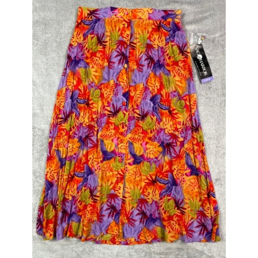 Sag Harbor Vintage Tropical Floral Midi Skirt Large L Rayon Crinkle Boho 90s NWT